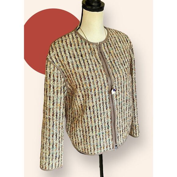 Lafayette 148 WOMENS Spring Tan Beige Coral Aqua Tweed Zip Blazer Jacket Size M - Picture 3 of 13